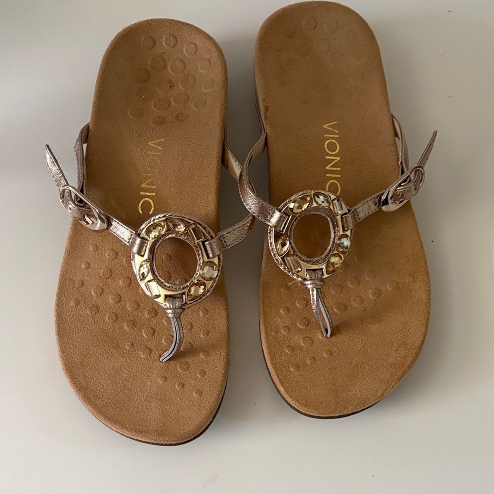 Vionic Women's Metallic Rose Gold Jeweled Toe-Post Sandal